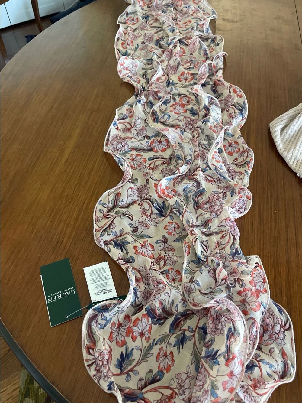 Lauren Ralph Lauren Floral Ruffle Skinny Scarf NWT Viscose Cream Pink Blue - Picture 2 of 3